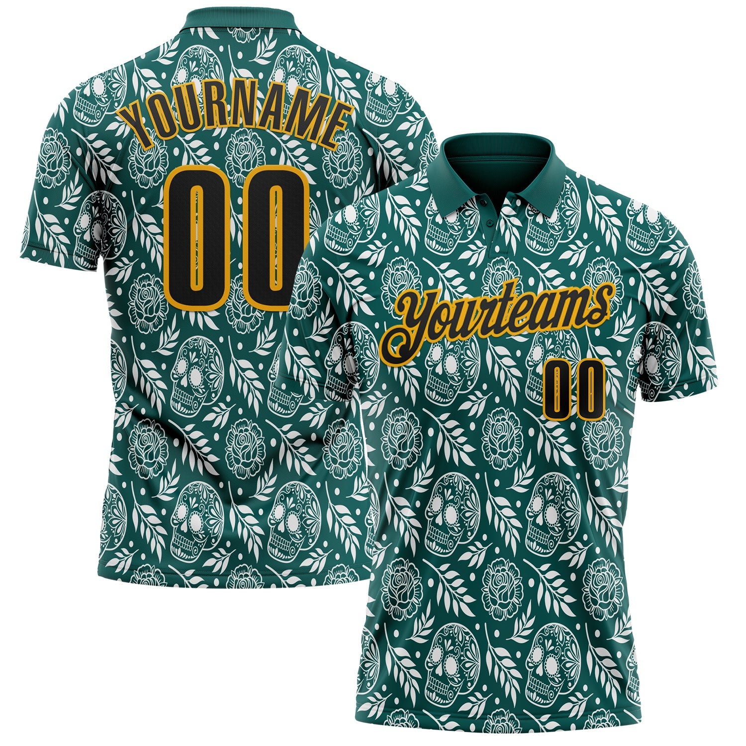 Custom Midnight Green Black-Gold Day of the Dead Mexican Sugar Skull Performance Polo Shirt - Main View