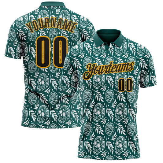 Custom Midnight Green Black-Gold Day of the Dead Mexican Sugar Skull Performance Polo Shirt - Main View