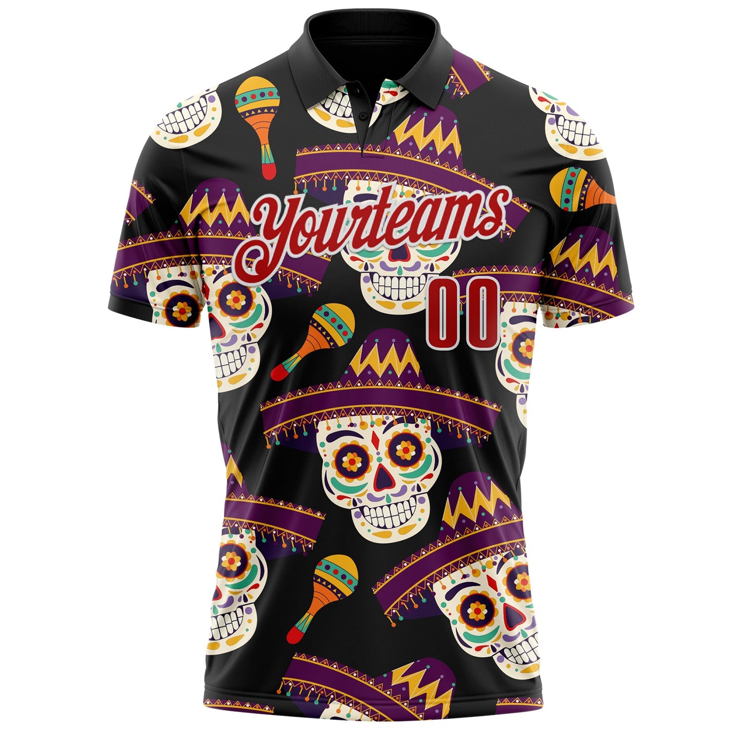 Custom Black Red-White Day of the Dead Mexican Sugar Skull Performance Polo Shirt view 2