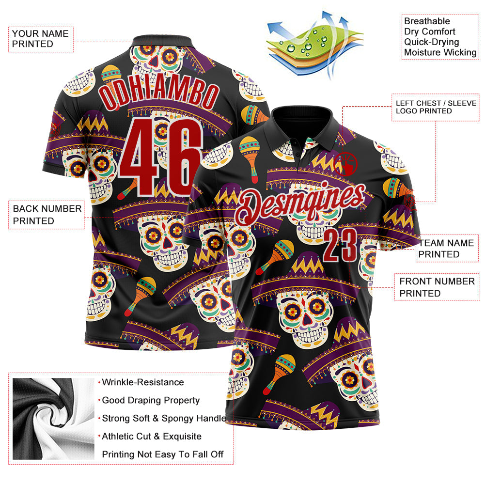 Custom Black Red-White Day of the Dead Mexican Sugar Skull Performance Polo Shirt view 3