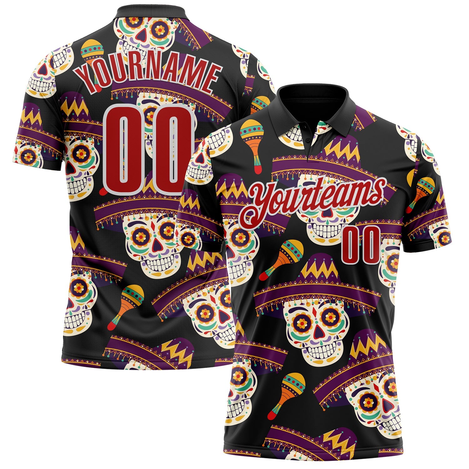 Custom Black Red-White Day of the Dead Mexican Sugar Skull Performance Polo Shirt - Main View