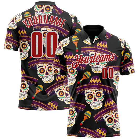 Custom Black Red-White Day of the Dead Mexican Sugar Skull Performance Polo Shirt - Main View