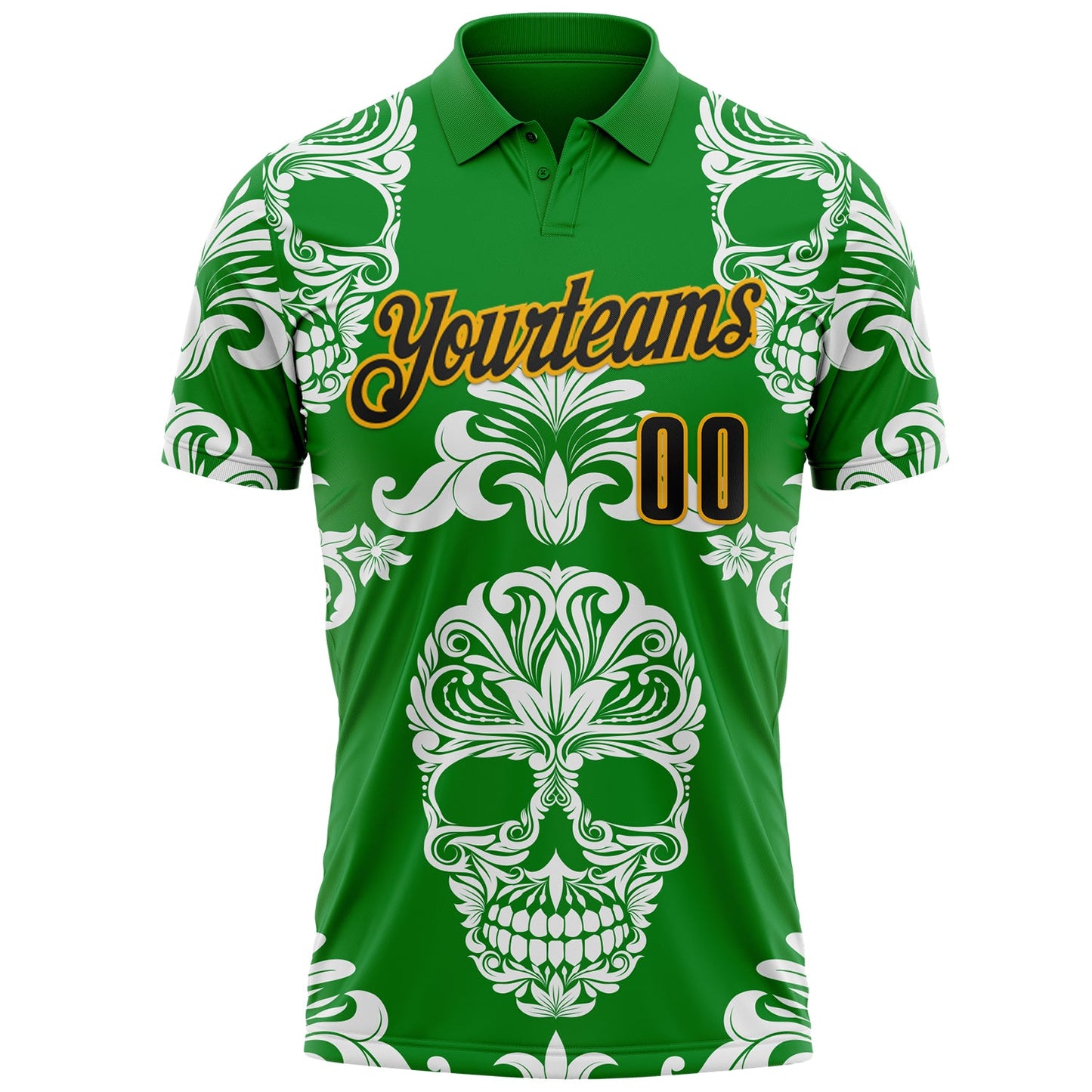 Custom Grass Green Black-Gold Day of the Dead Mexican Sugar Skull Performance Polo Shirt view 2