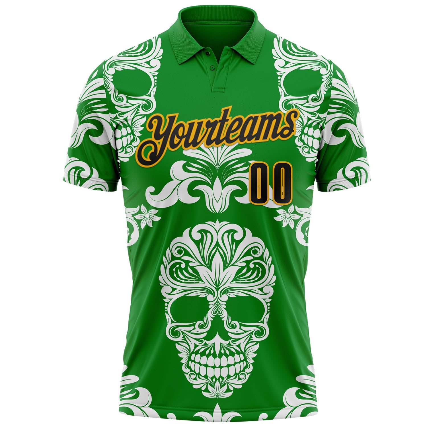 Custom Grass Green Black-Gold Day of the Dead Mexican Sugar Skull Performance Polo Shirt view 2