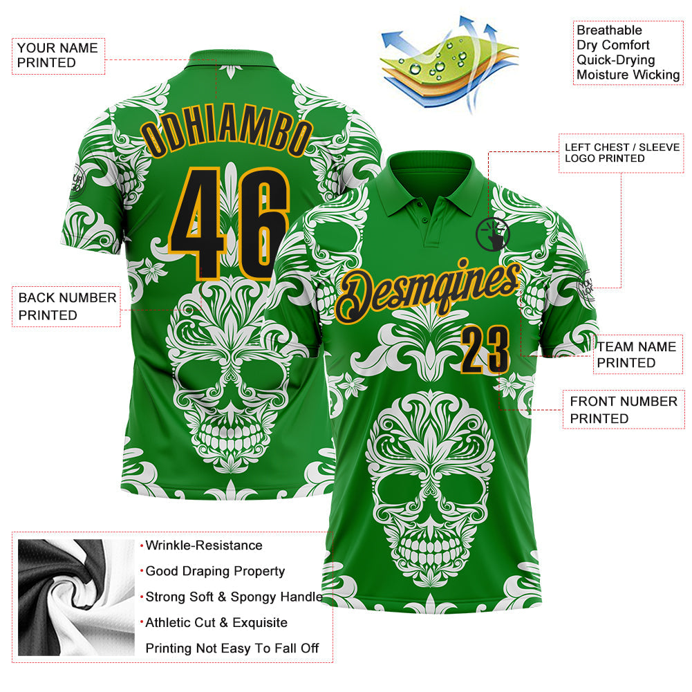 Custom Grass Green Black-Gold Day of the Dead Mexican Sugar Skull Performance Polo Shirt view 3