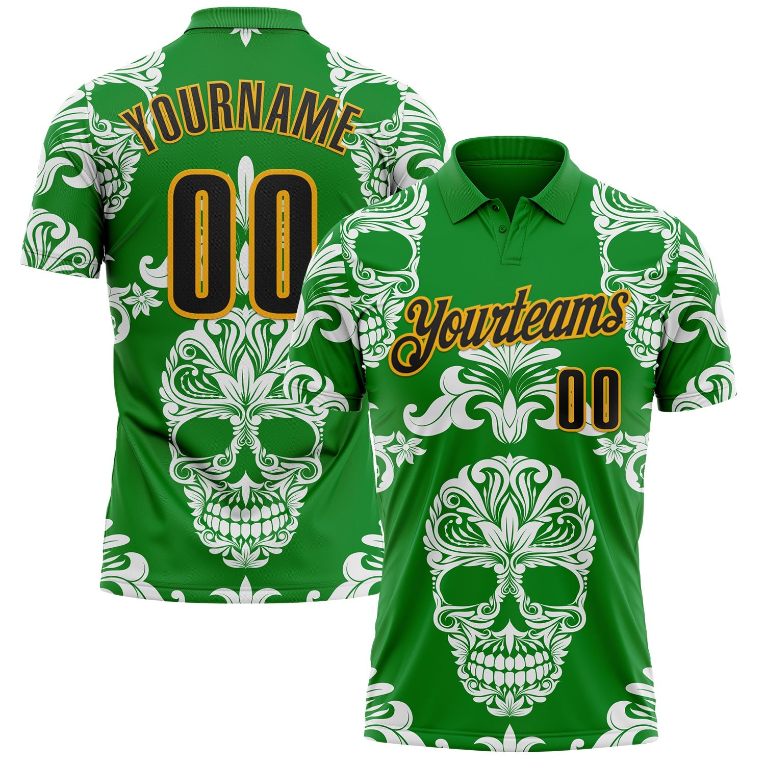 Custom Grass Green Black-Gold Day of the Dead Mexican Sugar Skull Performance Polo Shirt - Main View