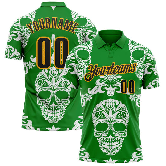 Custom Grass Green Black-Gold Day of the Dead Mexican Sugar Skull Performance Polo Shirt - Main View