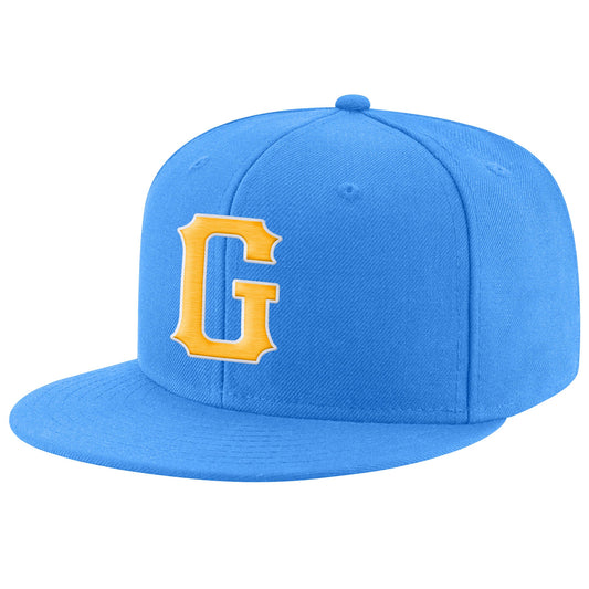 Custom Powder Blue Gold-White Stitched Adjustable Snapback Hat - Main View