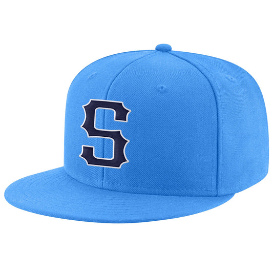 Custom Powder Blue Navy-White Stitched Adjustable Snapback Hat - Main View