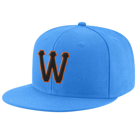 Custom Powder Blue Black-Orange Stitched Adjustable Snapback Hat - Main View