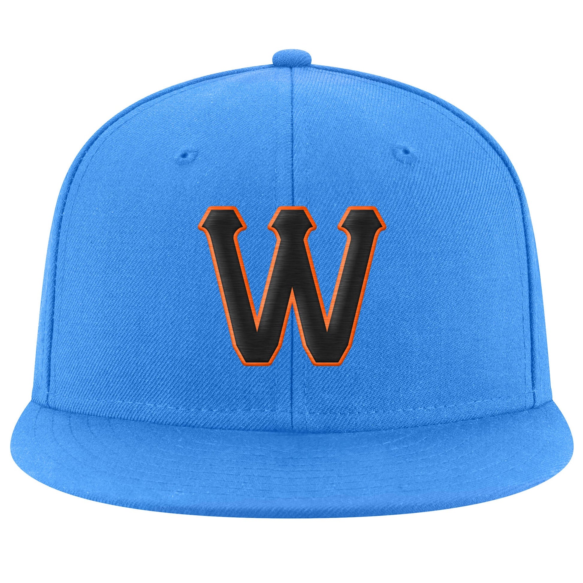 Custom Powder Blue Black-Orange Stitched Adjustable Snapback Hat view 2