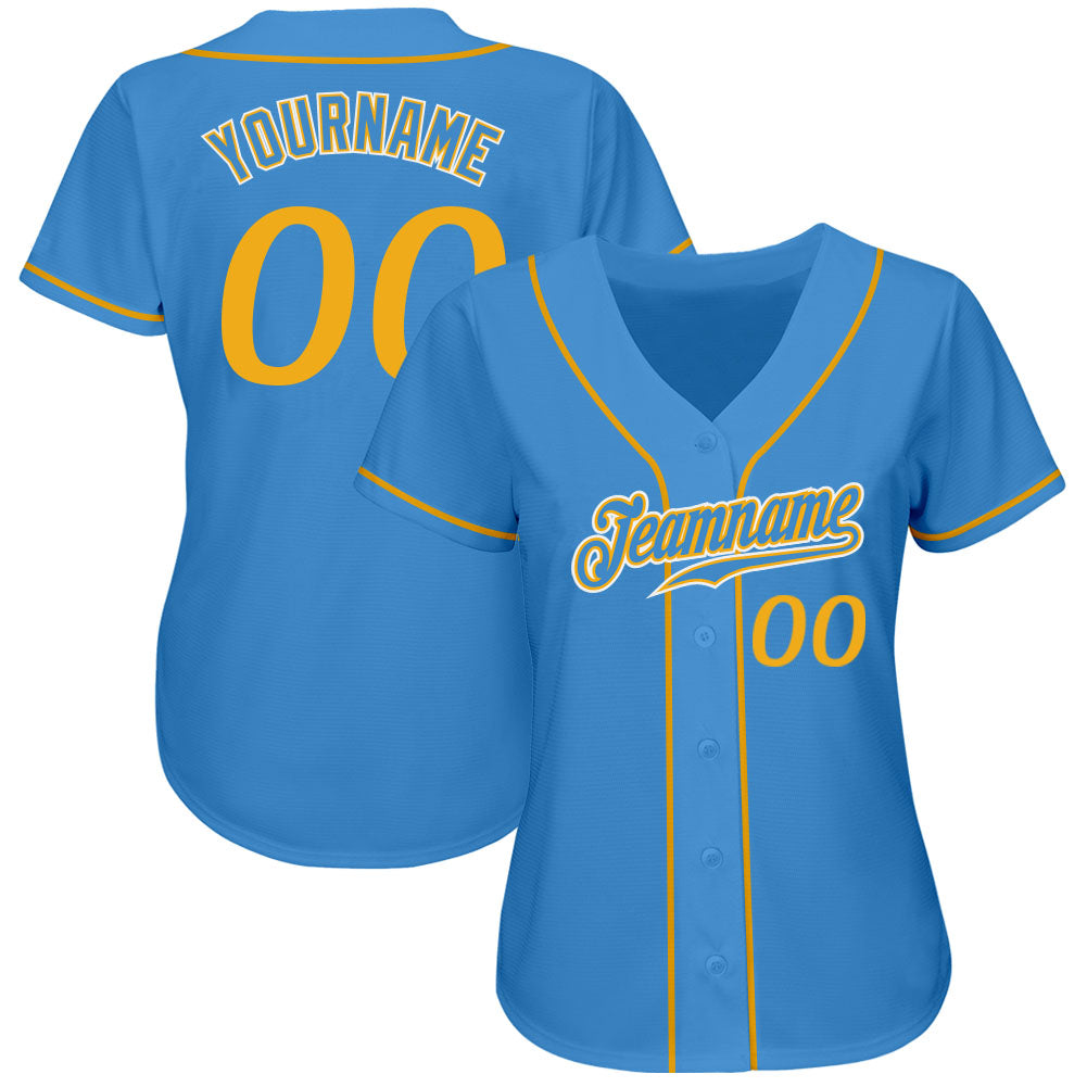 Custom Powder Blue Gold-White Authentic Baseball Jersey view 2