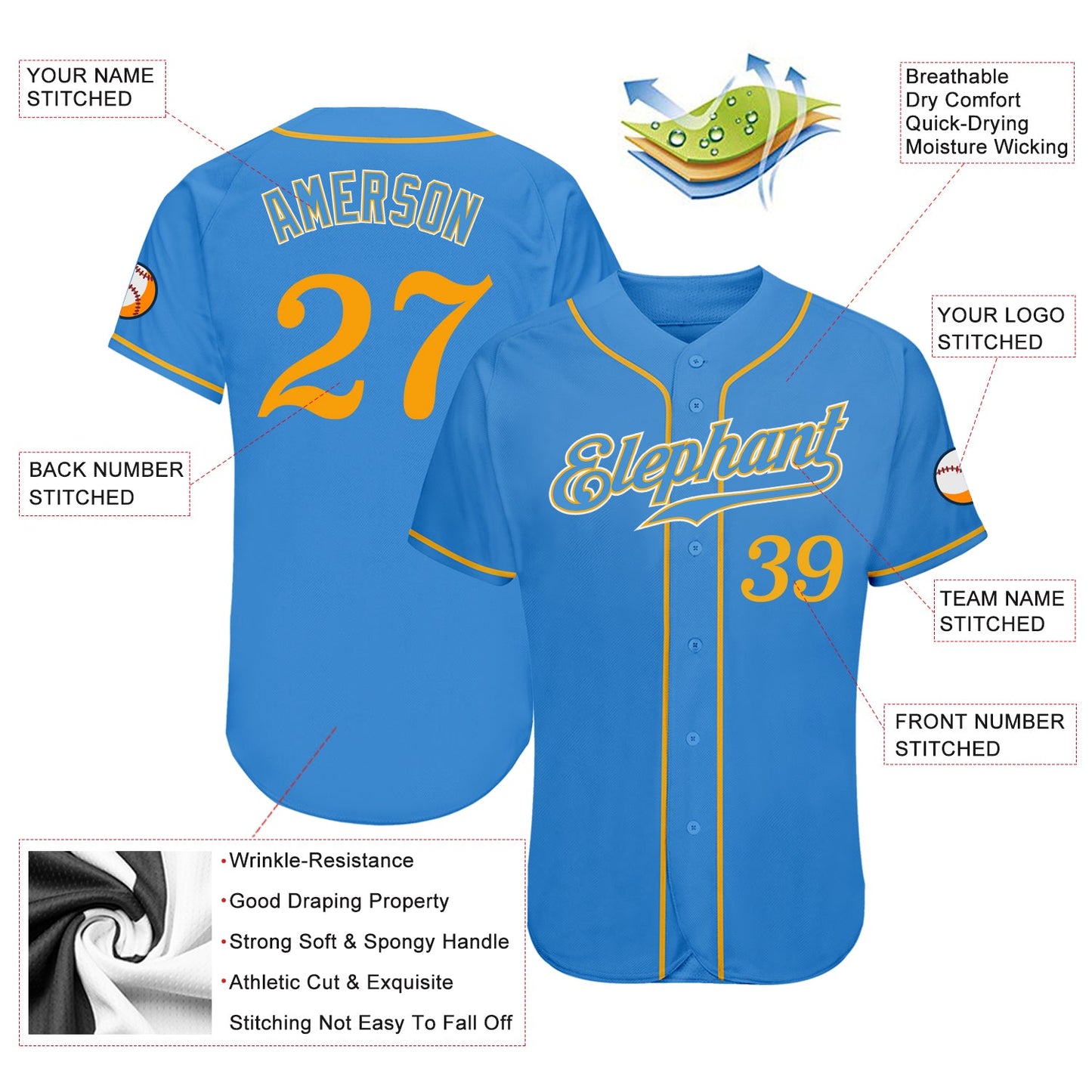 Custom Powder Blue Gold-White Authentic Baseball Jersey view 3
