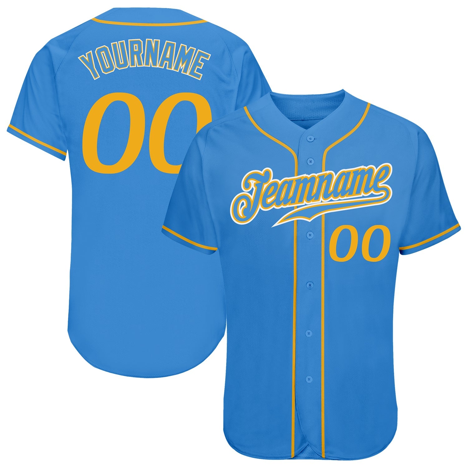 Custom Powder Blue Gold-White Authentic Baseball Jersey - Main View