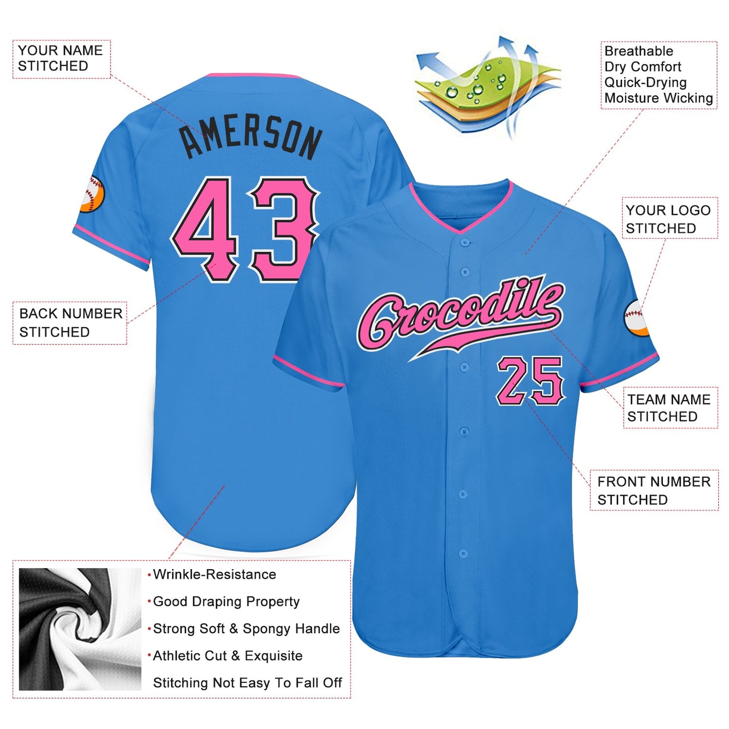 Custom Powder Blue Pink-Black Authentic Baseball Jersey view 3