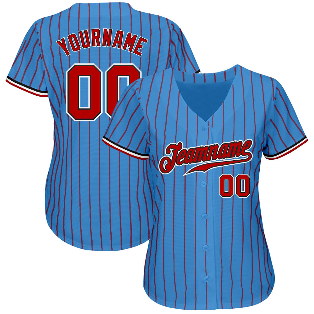 Custom Powder Blue Red Pinstripe Red-Black Authentic Baseball Jersey view 2