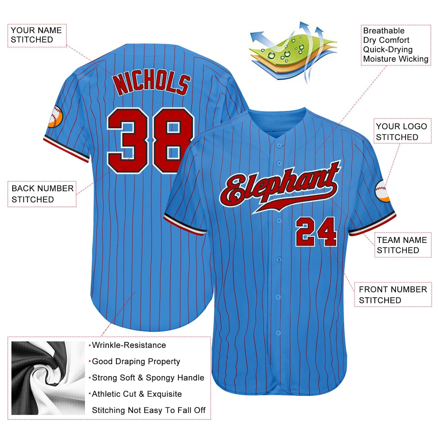 Custom Powder Blue Red Pinstripe Red-Black Authentic Baseball Jersey view 3