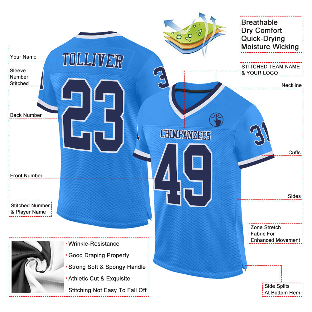 Custom Powder Blue Navy-White Mesh Authentic Throwback Football Jersey view 2