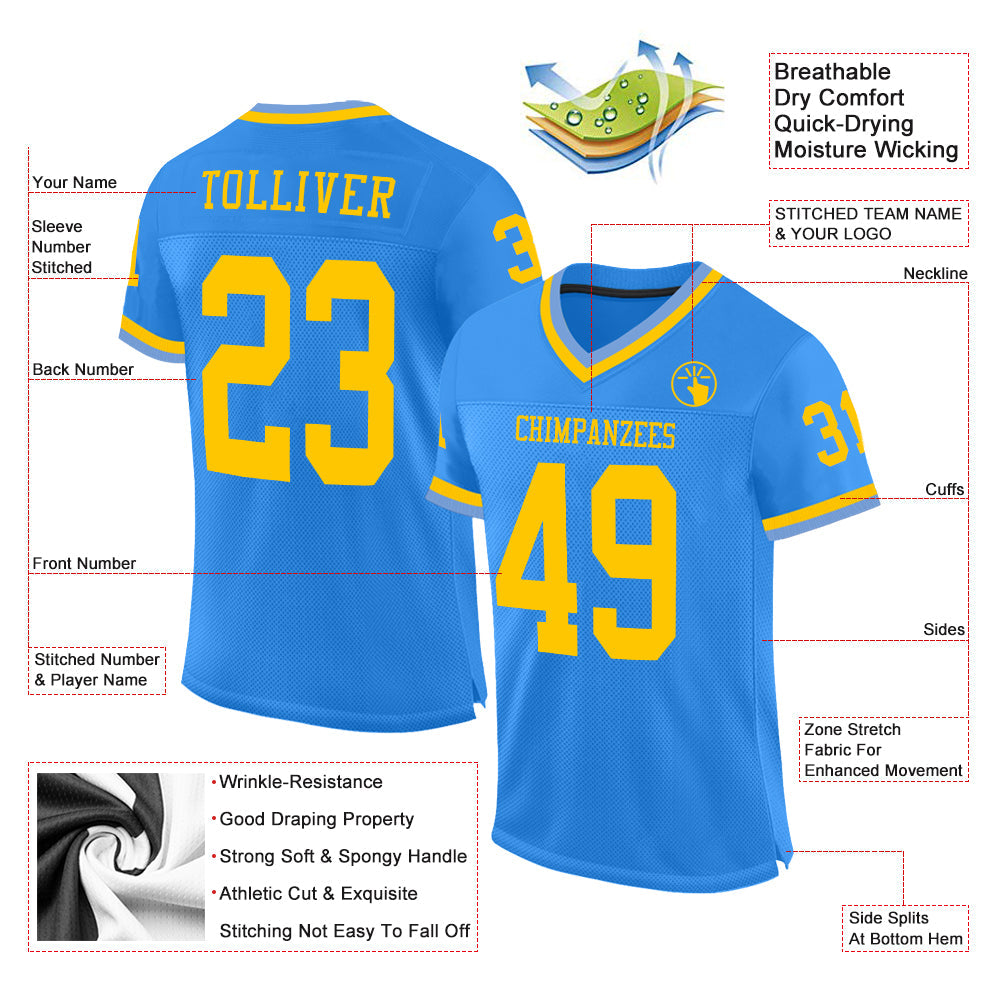 Custom Powder Blue Gold Mesh Authentic Throwback Football Jersey view 2