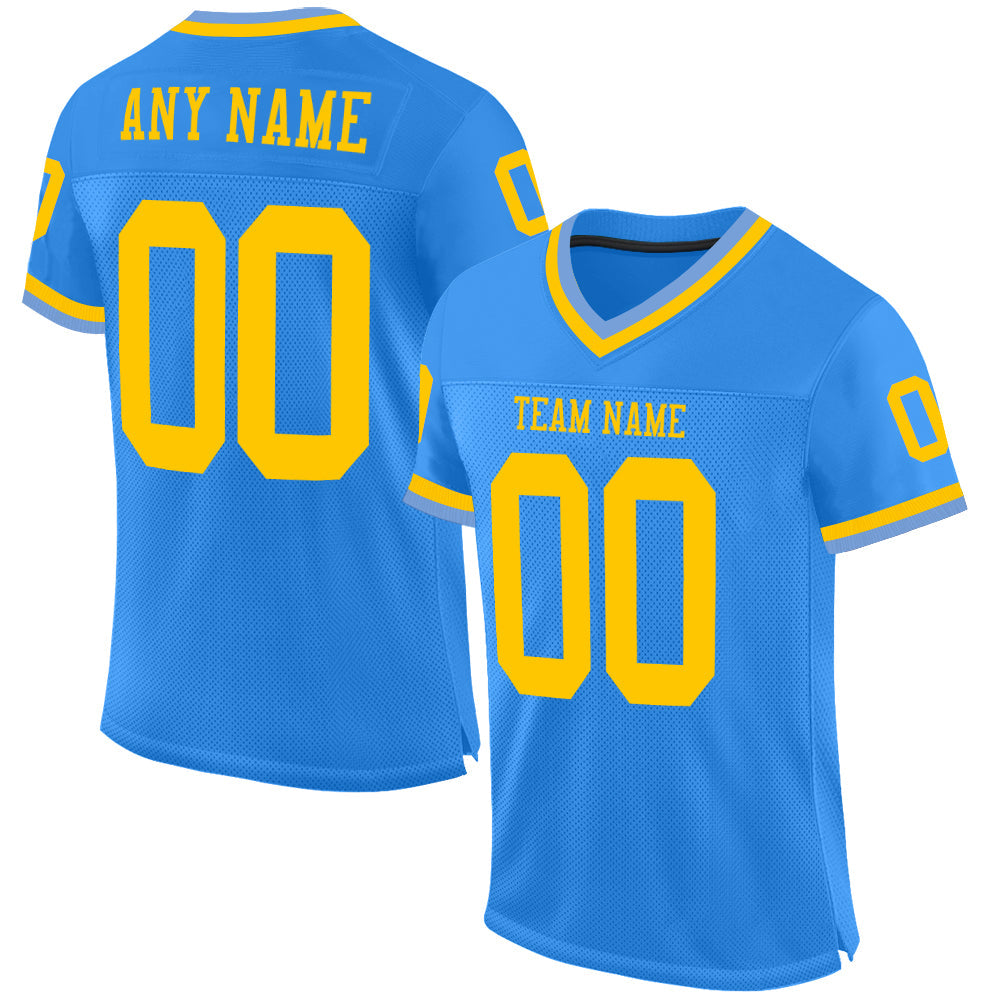 Custom Powder Blue Gold Mesh Authentic Throwback Football Jersey - Main View