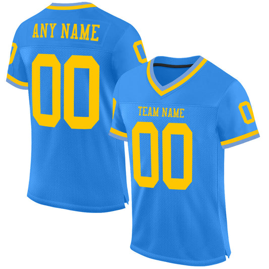 Custom Powder Blue Gold Mesh Authentic Throwback Football Jersey - Main View