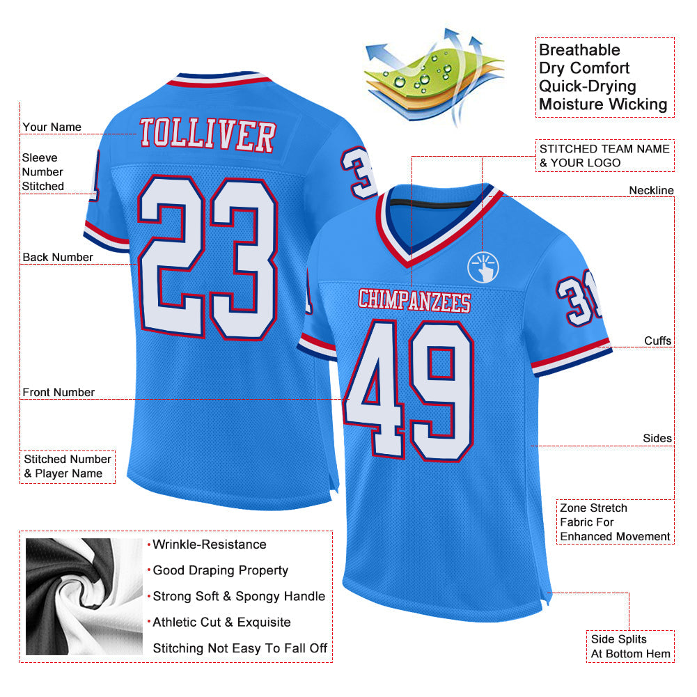 Custom Powder Blue White-Royal Mesh Authentic Throwback Football Jersey view 2