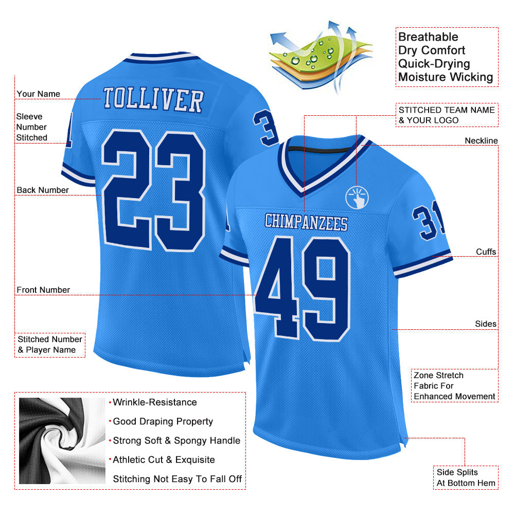 Custom Powder Blue Royal-White Mesh Authentic Throwback Football Jersey view 2