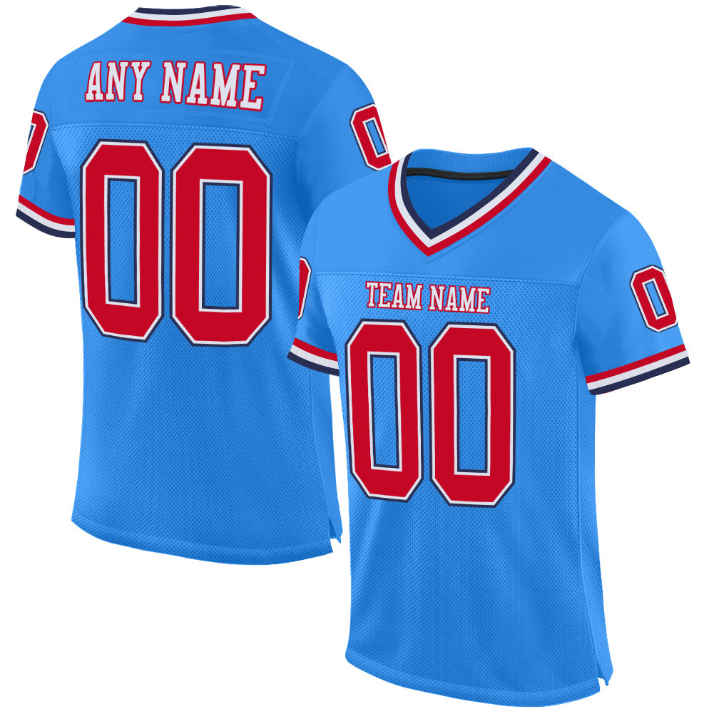 Custom Powder Blue Red-Navy Mesh Authentic Throwback Football Jersey - Main View