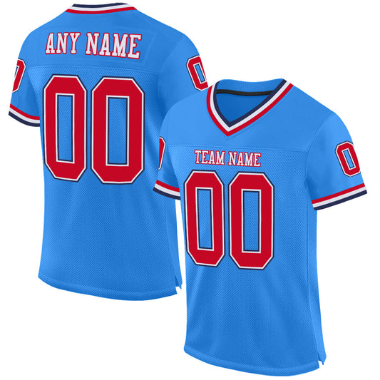 Custom Powder Blue Red-Navy Mesh Authentic Throwback Football Jersey - Main View