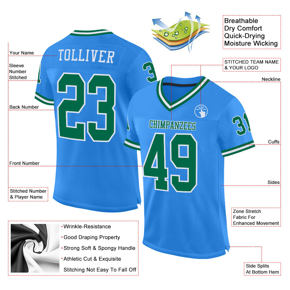 Custom Powder Blue Kelly Green-White Mesh Authentic Throwback Football Jersey view 2