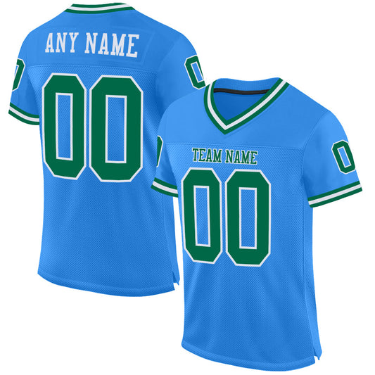 Custom Powder Blue Kelly Green-White Mesh Authentic Throwback Football Jersey - Main View