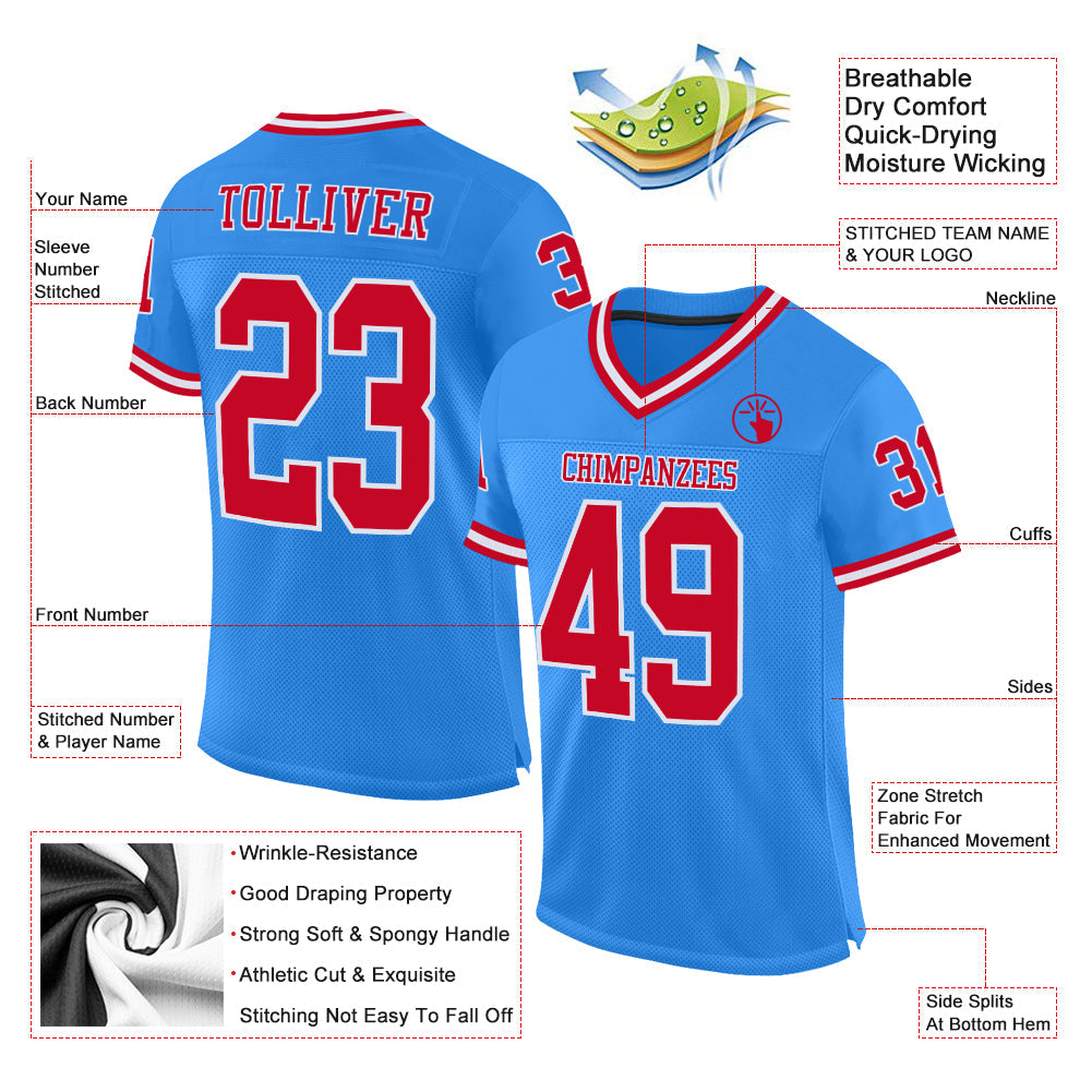 Custom Powder Blue Red-White Mesh Authentic Throwback Football Jersey view 2