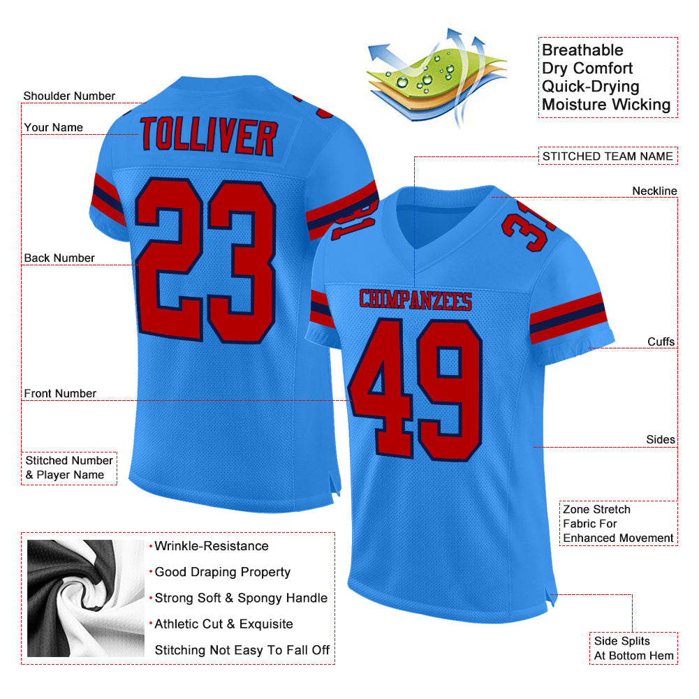 Custom Powder Blue Red-Navy Mesh Authentic Football Jersey view 2