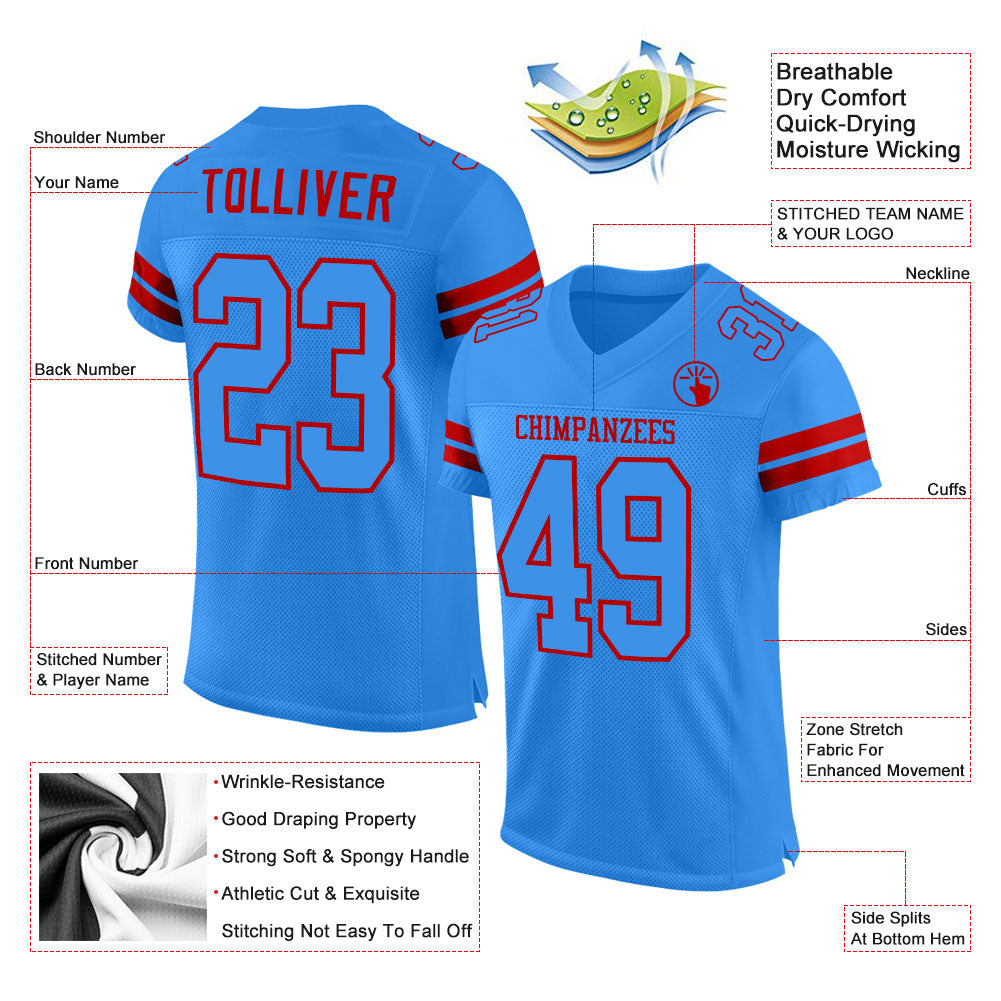 Custom Powder Blue Powder Blue-Red Mesh Authentic Football Jersey view 2