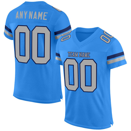 Custom Powder Blue Gray-Navy Mesh Authentic Football Jersey - Main View
