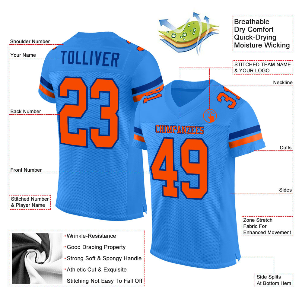 Custom Powder Blue Orange-Royal Mesh Authentic Football Jersey view 2