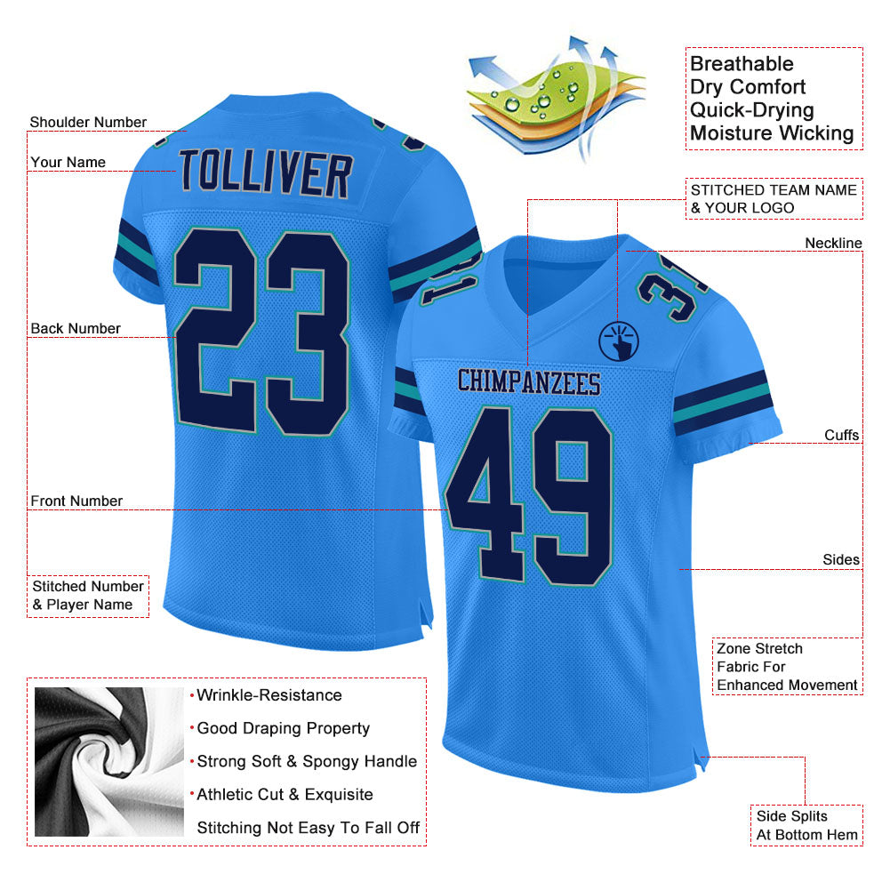 Custom Powder Blue Navy-Aqua Mesh Authentic Football Jersey view 2