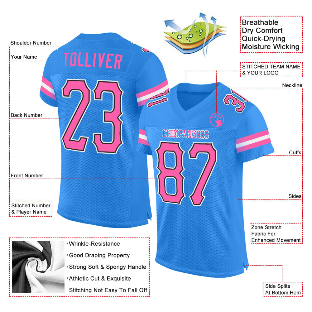 Custom Powder Blue Pink-Black Mesh Authentic Football Jersey view 2