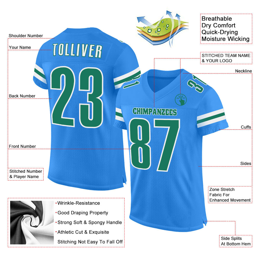 Custom Powder Blue Kelly Green-White Mesh Authentic Football Jersey view 2