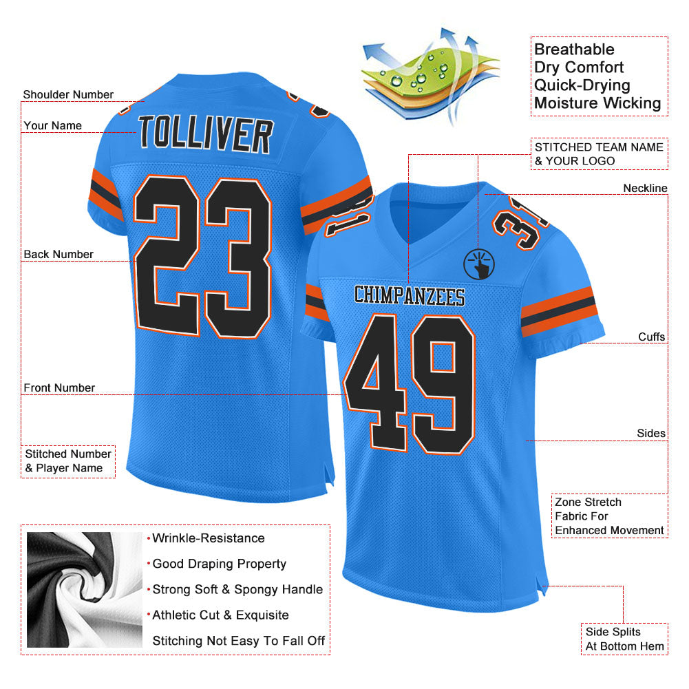 Custom Powder Blue Black-Orange Mesh Authentic Football Jersey view 2
