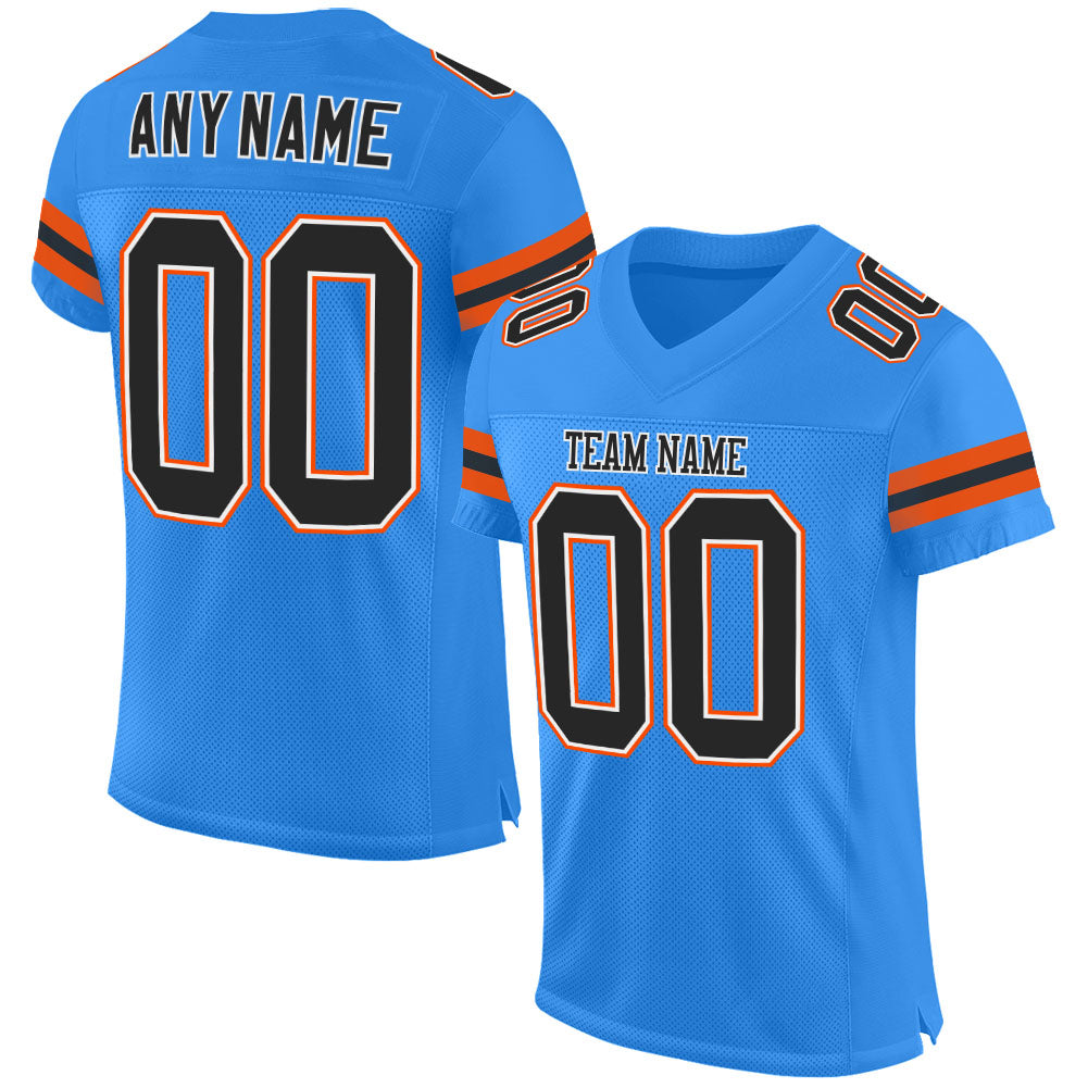 Custom Powder Blue Black-Orange Mesh Authentic Football Jersey - Main View