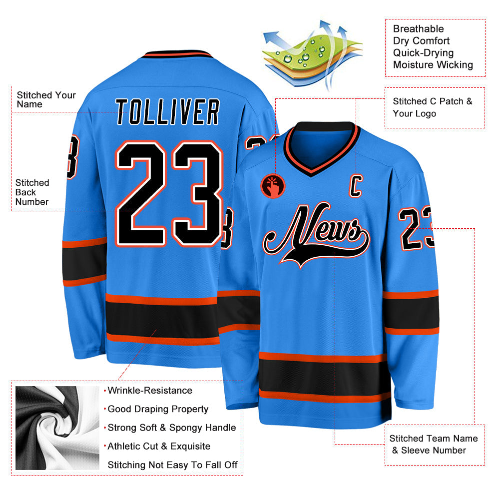 Custom Powder Blue Black-Orange Hockey Jersey view 2