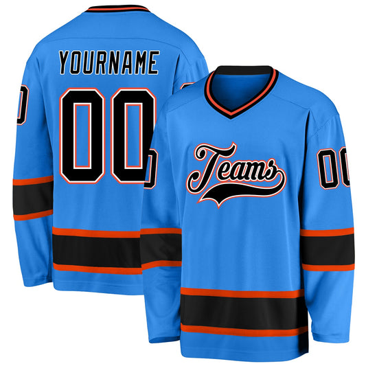 Custom Powder Blue Black-Orange Hockey Jersey - Main View