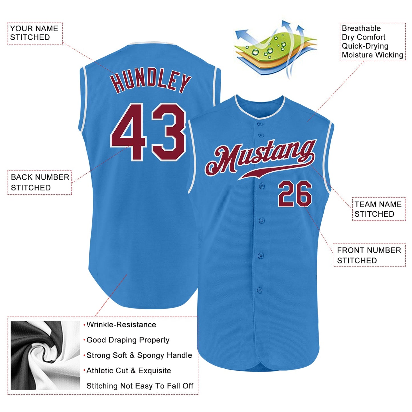 Custom Powder Blue Crimson-White Authentic Sleeveless Baseball Jersey view 2