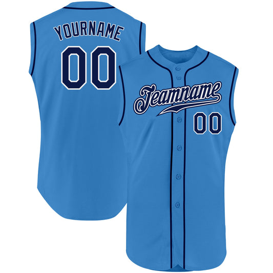 Custom Powder Blue Navy-White Authentic Sleeveless Baseball Jersey - Main View