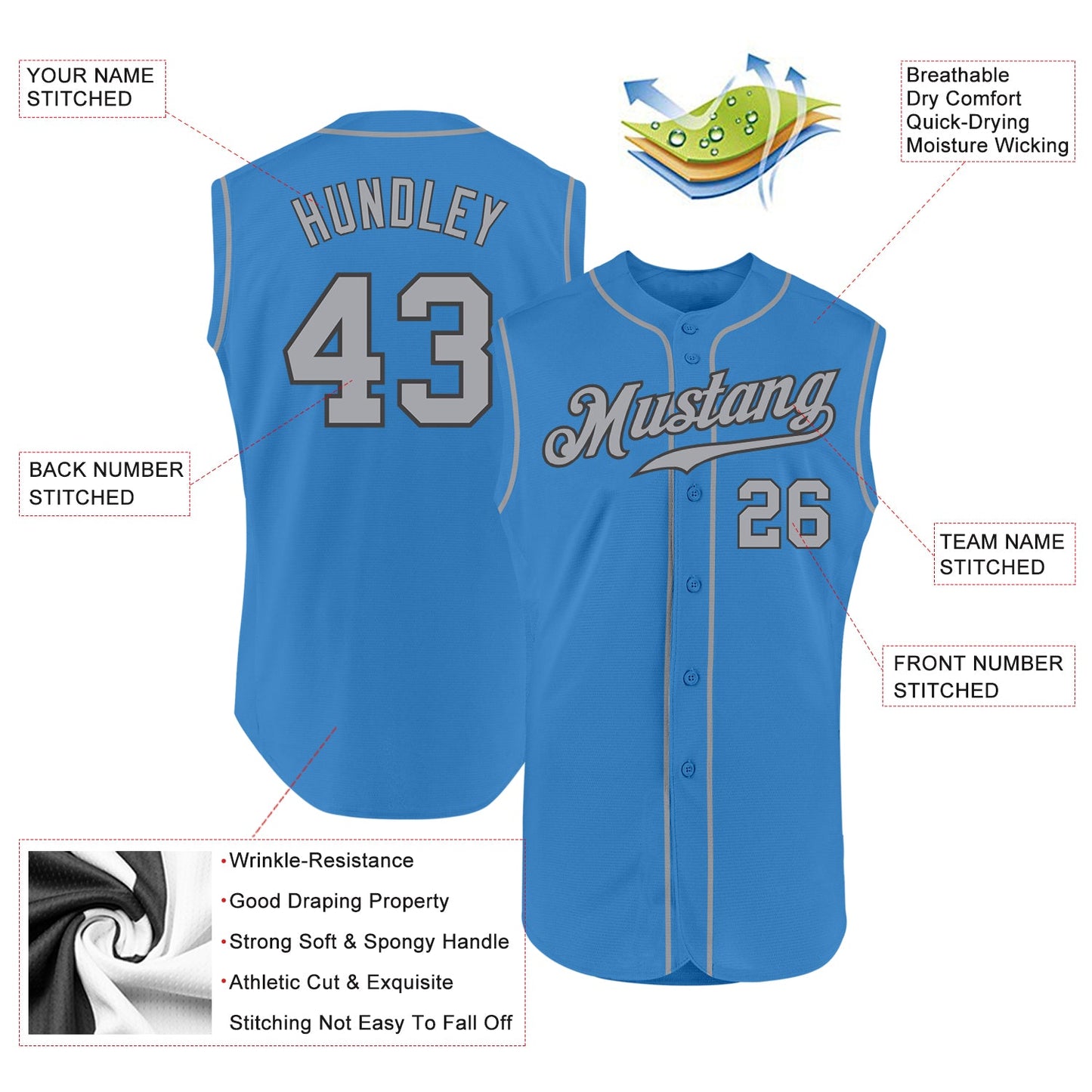 Custom Powder Blue Gray-Steel Gray Authentic Sleeveless Baseball Jersey view 2