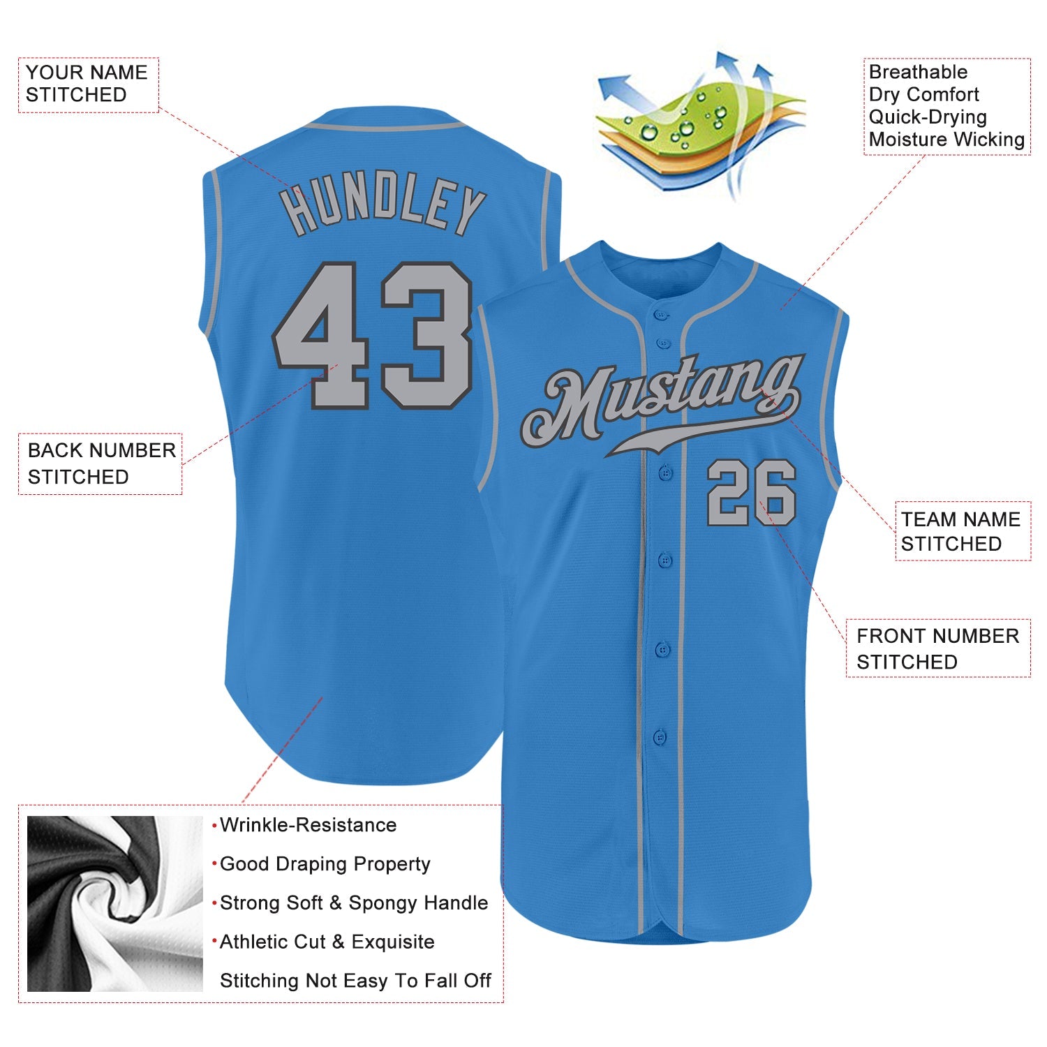 Custom Powder Blue Gray-Steel Gray Authentic Sleeveless Baseball Jersey view 2