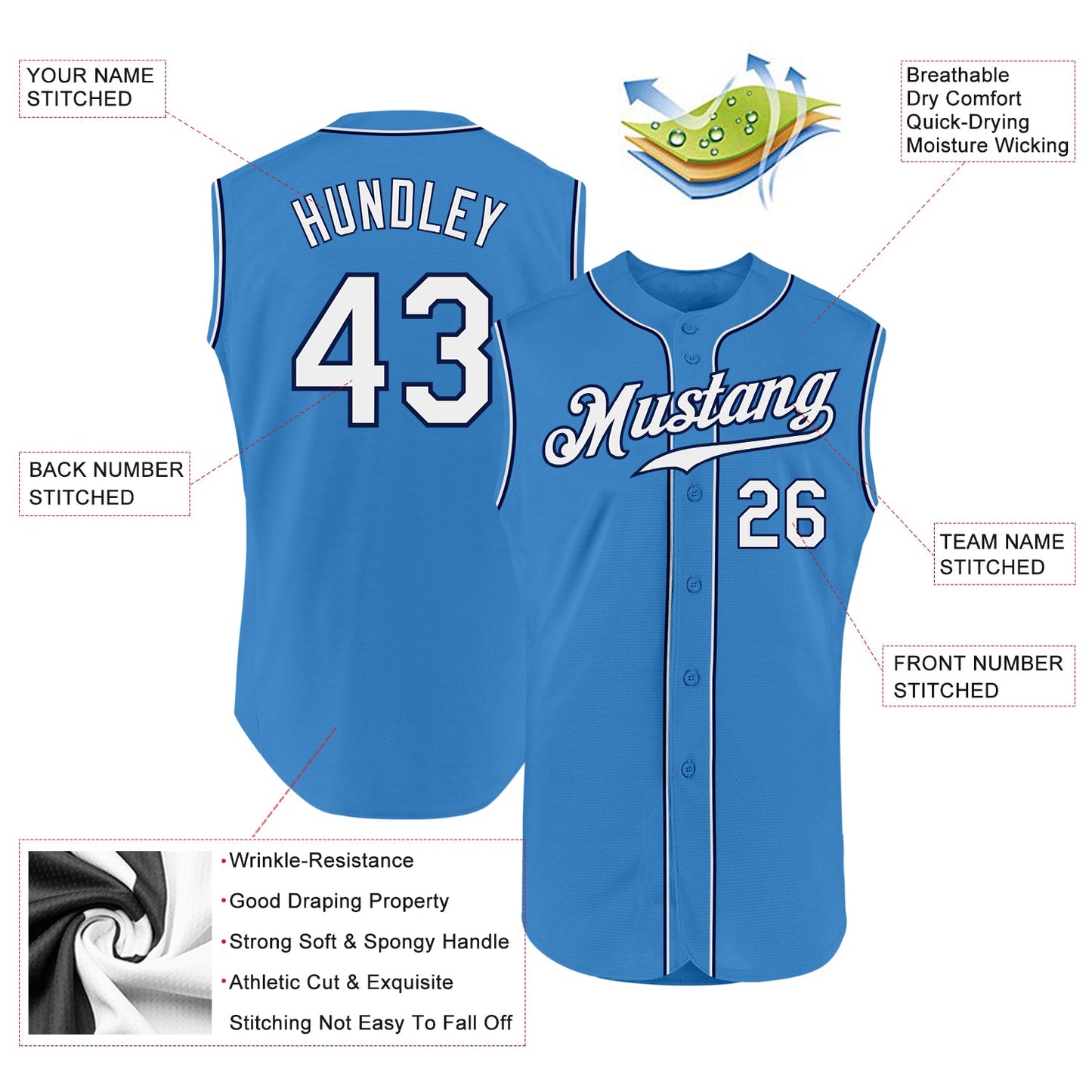 Custom Powder Blue White-Navy Authentic Sleeveless Baseball Jersey view 2