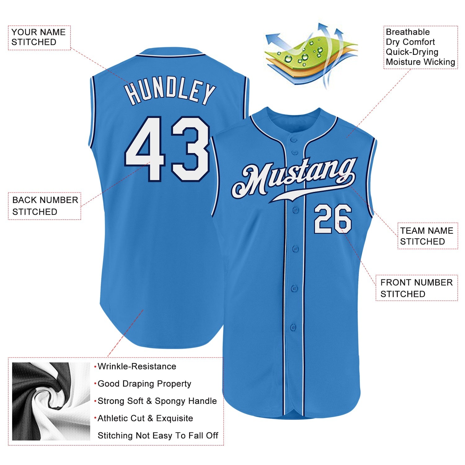 Custom Powder Blue White-Navy Authentic Sleeveless Baseball Jersey view 2