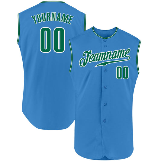 Custom Powder Blue Kelly Green-White Authentic Sleeveless Baseball Jersey - Main View